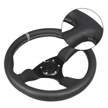 350mm Gray Stripe Racing Steering Wheel Black Genuine Leather Grip 6 Bolts Sport Steering Wheel with Horn Button Gray Stitching - color: Gray Stripe