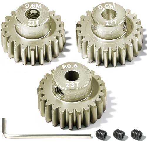 3PCS 0.6 Mod 0.6M Pinion Gear Set 21T 22T 23T, 7075 Aluminum Alloy with 3.175mm Bore for 540 550 Brushed Brushless Motors, Fits for 1/10 Tamiya Redcat HSP HPI RC Cars - size: 21 22 23T