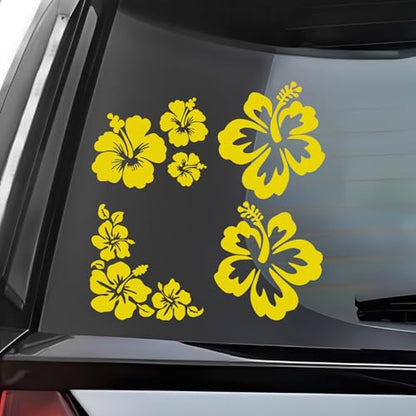 4PCS Hibiscus Car Decal Sticker, Hawaiian Hibiscus Flower Decal Set, White Tropical Flower Stickers, Universal Exterior Decoration Sticker Accessories for Car, Truck, SUV, Door, Wall (Yellow)