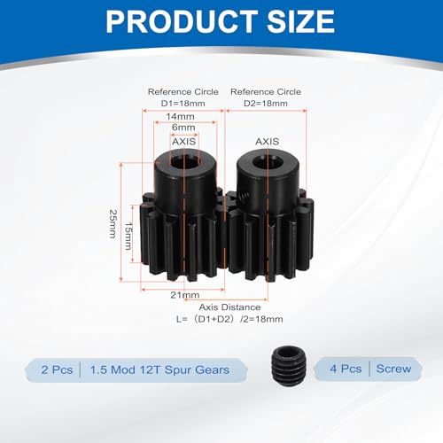 uxcell 2Pcs 1.5 Mod 12T Spur Gear 6mm Bore, 1045 Steel Pinion Gear Black Surface Treatment, 20° Pressure Angle, for Spur Rack and RC Model Car or Motor DIY(14mm) - size: 1.5 Mod 12T, 6mm x 14mm