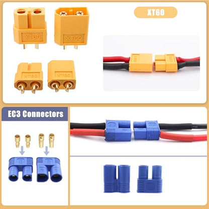 T-Plug EC3 XT60 Connector & Servo Plug Crimp Pin Cable for RC Models DIY | Male Female Connector Adapters,Male Female Connector Crimp Pin,14AWG Silicone Wire,Servo Connector Repair,High Conductivity
