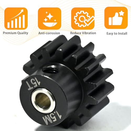 M1.5 15T Pinion Gear 8mm Bore with 8mm to 5mm Shaft Adapter Sleeve, Chromium Steel Motor Gear with Set Screw & Hex Key for Traxxas ARRMA Losi 1/5 1/8 RC Cars - size: 15T