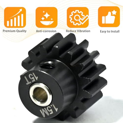 M1.5 15T Pinion Gear 8mm Bore with 8mm to 5mm Shaft Adapter Sleeve, Chromium Steel Motor Gear with Set Screw & Hex Key for Traxxas ARRMA Losi 1/5 1/8 RC Cars - size: 15T