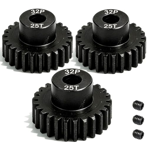 32P 25T RC Car Gear Set | 45# Steel Black Oxide | 5mm Bore +0.03mm | Precision Engineered Motor Pinion Gear Compatible with Traxxas/ARRMA/HPI/Kyosho (3-Pack with M4 Set Screws) - style: 3Pcs 25T