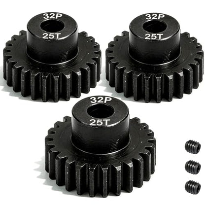 32P 25T RC Car Gear Set | 45# Steel Black Oxide | 5mm Bore +0.03mm | Precision Engineered Motor Pinion Gear Compatible with Traxxas/ARRMA/HPI/Kyosho (3-Pack with M4 Set Screws) - style: 3Pcs 25T