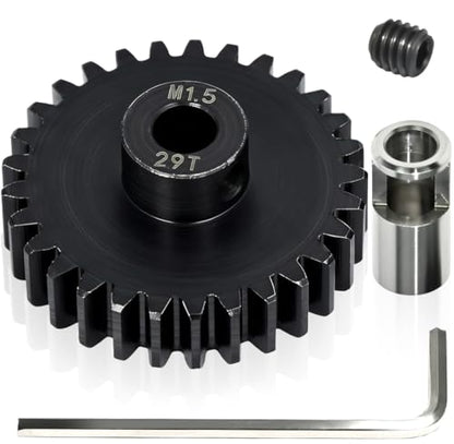 M1.5 29T Pinion Gear 8mm Bore with 8mm to 5mm Shaft Adapter Sleeve, Chromium Steel Motor Gear with Set Screw & Hex Key for Traxxas ARRMA Losi 1/5 1/8 RC Cars - size: 29T