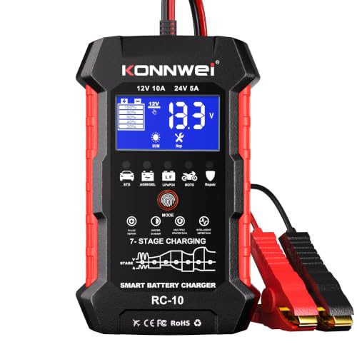 KONNWEI 12V/24V Battery Charger,Smart Trickle Charger Maintainer LiFePO4 | 5A/10A Car Battery Charger for LiFePO4 Lead Acid AGM GEL,Battery Desulfator with Pulse Repair for Cars RVs Boats Lawn Mower
