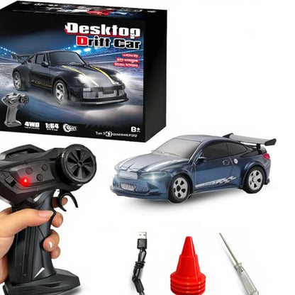 RC Drift Car, 1/64 Mini RC Remote Control Car, 2.4GHz Full Proportional RTR High Speed Micro Sports Racing Drift, 4WD HobbyFast Race Vehicle with Lights, Model Toys Gift for Kids, Boys, Adults - color: Blue