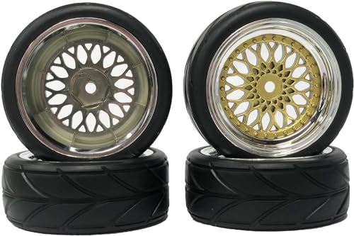 4PCS 64mm Rubber Tires and Plastic Wheel Rims Set 12mm Hex Replacement Part for Sakura Tamiya TT02 HPI HSP Kyosho 1/10 RC On Road Run-flating Touring Racing Car Tyre(Gold Silver,Offset:6MM) - color: Gold Silver, size: Offset:6mm