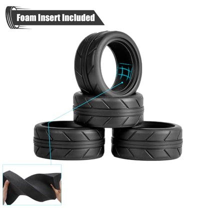 RC 1/10 On Road Tires 4Pcs Soft Rubber Tire Tyre Compatible with Traxxas 4 Tec 2.0 Tamiya TT01 XV01 Kyosho WR8 Sakura WLtoys HPI HSP 1:10 RC Scale Touring On Road Racing Car Wheel Rims