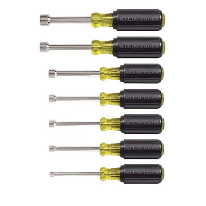 Klein Tools 631 Tool Set, Made in USA, Nut Driver Set w/Hex Nut Sizes 3/16, 1/4, 5/16, 11/32, 3/8, 7/16 and 1/2-Inch on 3-Inch Full Hollow Shaft, 7-Piece - style: Non-Magentic