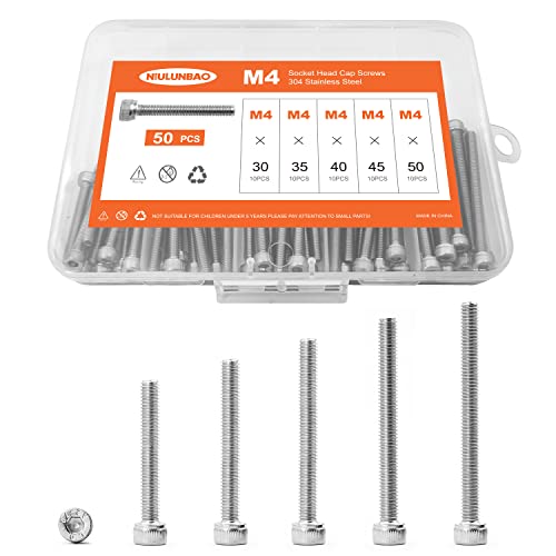 M4 x 30mm 35mm 40mm 45mm 50mm Hex Socket Head Cap Screws Bolts, 304 Stainless Steel, Metric Machine Fully Threaded, Bright Finish, Allen Hex Drive, Assortment Kit 50PCS - size: M4 x 30/35/40/45/50mm (50PCS)