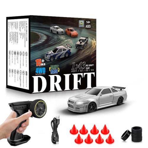 RC Drift car, 1/43 Mini Rc Drift car with Gyroscope, 2.4GHz Full Proportional Remote control Cars, 4WD High Speed Racing with Lights, Racing Tires, Model Cars Gift for Adults, Kids, Boys, Girls - color: Grey