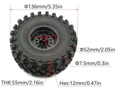 Heavy Duty RC Crawler 2.2 Beadlock Wheels Adjustable 2 Offsets and Tires 136mm Tall Soft Sticky Mud Slingers Tyres Rims Hex 12mm for 1/10 SCX10 TRX4 Axial Remote Control Car (Silver Black) - color: Silver Black