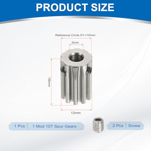 uxcell 1 Mod 10T Spur Gear 5mm Bore, 304 Stainless Steel Pinion Gear, 20°Pressure Angle, for Spur Rack and RC Model Car or Motor DIY - size: 1 Mod 10T, 5mm