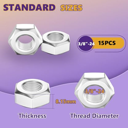 15Pcs SAE 3/8"-24 Hex Nut Set 304 Stainless Steel | UNF Thread, Rust Resistant, For Machinery, Automotive & DIY Projects, Storage Case Included - size: 15Pcs-3/8"- 24