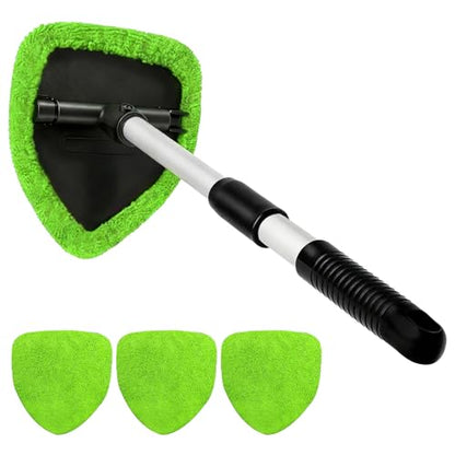 Windshield Cleaner Tool, Windshield Cleaning Tool, Car Window Detailing Cleaning Kit with Extendable Handle and Reusable Microfiber Pads, Auto Glass Wiper Brush for Car Office Home (Green) - color: Green