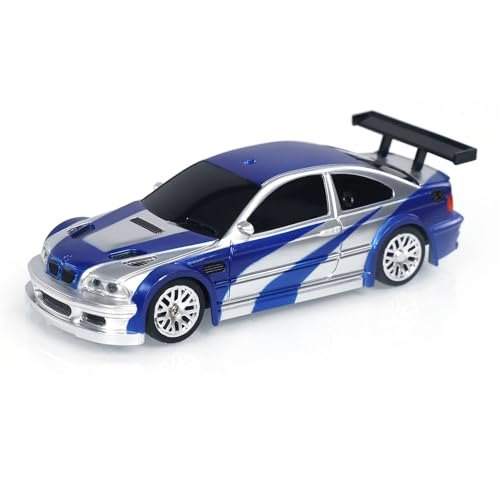 1/43 RC Scale RTR Race Car Remote Control Drift 4WD Mini Lights System RTR High Speed Four-Wheel Drive Racing Model Full Proportional RC Electric Car Gift(Blue and Silver), - color: Blue and Silver