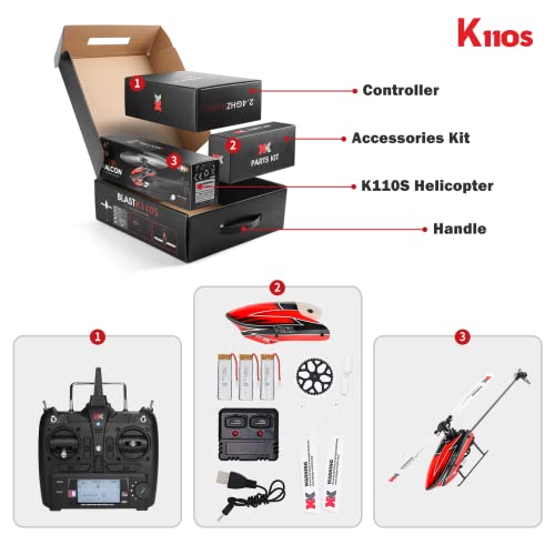 CKYSCHN WLtoys K110S XK RC Helicopter Brushless 6CH for Adults, 6-Axis Gyro | 3D Inverted Flight Remote Control Helicopter, 2.4G RTF Fast RC Aircraft Outdoor Flying 3 Batteries