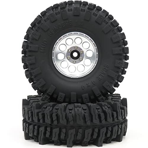 HOBBYSOUL 1.9 Crawler Tires and Wheels 120mm Soft Sticky 1.9 Mud Slingers Tires & 1.9 Beadlock Wheels Silver Rim for 1/10 RC Crawler Traxxas TRX4 Axial SCX10, (4 Pack) - color: Silver