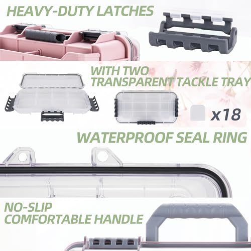 RUNCL Universal Fishing Tackle Box with Two Small Tackle Tray, Removal Inside Design Waterproof Trunk Storage Box, Thicker Floating Airtight Stowaway, Xmas Surprise Fishing Gifts for Men Women - color: Pink