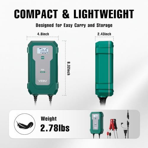 10A 6V/12V Smart Battery Charger- Automatic Maintainer, Trickle Charger & Desulfator with Overcharge Protection, Plug & Play Design for Lead-Acid & LiFePO4 Batteries - size: 10 A