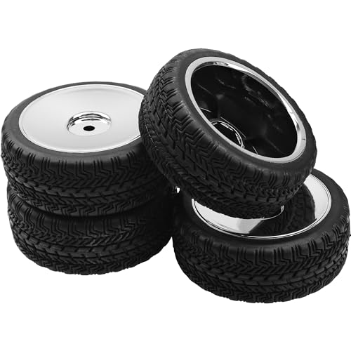 4Pcs 2.59in Rubber Tires & 12mm Hex Plastic Wheel Rims Set Compatible with Traxxas Kyosho HPI RS4 Tamiya TT01 TT02 Sakura D4 HSP 1/10 RC On-Road Touring Car (Silver)