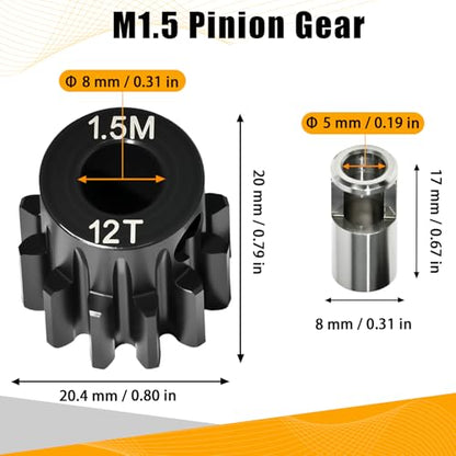 M1.5 12T Pinion Gear 8mm Bore with 8mm to 5mm Shaft Adapter Sleeve, Chromium Steel Motor Gear with Set Screw & Hex Key for Traxxas ARRMA Losi 1/5 1/8 RC Cars - size: 12T