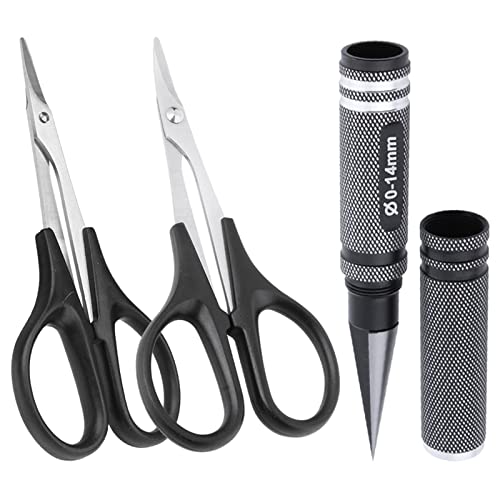 RC Body Reamer Hole Puncher 0-14mm, Curved Scissors & Straight Scissors Combo Repair Tools Set for RC Car Quadcopter Body Shell Body Mounts Lexan Plastic Trimming Cutting, (Black) - color: Black