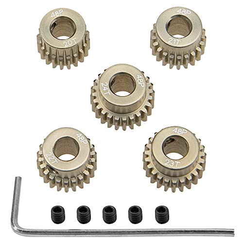 ShareGoo 7075 Aluminum Alloy 48DP 5mm Pinion Gear Sets 20T 21T 22T 23T 24T Motor Gears Fit 5mm Shaft Compatible with HPI Losi Axial Traxxas Tamiya 1/10 RC Car,5Pack