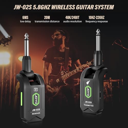 JOYO 5.8GHz Wireless Guitar System Rechargeable Transmitter Receiver with 4 Channels, Low Latency, 48kHz/24Bit, 65ft Range, 6 Hour Battery for Electric Guitar & Bass (JW-02S) - style: 5.8GHz