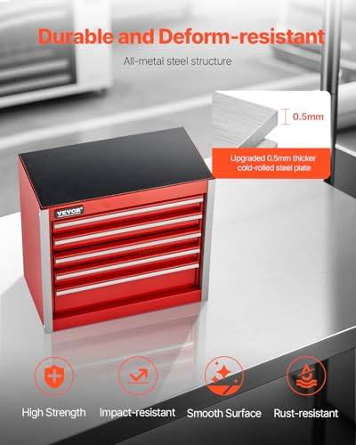 VEVOR Metal Tool Box, 8.6-inch, Portable Metal Tool Box with 5 Drawers, Small Tool Chest with EVA Liners and PP Feet Pads, Heavy-Duty Steel With Ball Bearing Opening and Powder Coated Finish, Red - size: 5 Drawers-Red