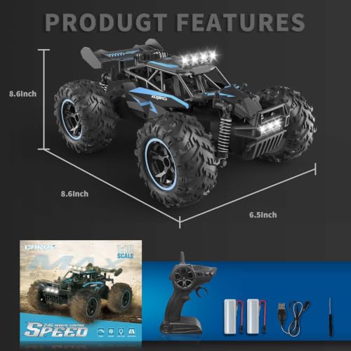 Carox Remote Control Car & RC Cars, 2.4GHz 25KM/H High Speed RC Car, 1:18 Off-Road Monster Truck with LED Lights and 1800mAh Rechargeable Battery–Blue - color: Blue