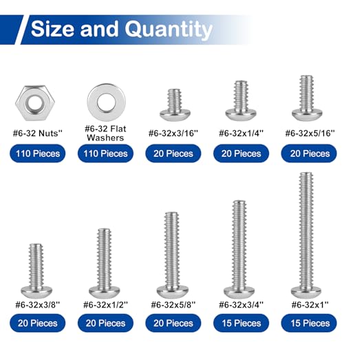 #6-32 x 3/16" to 1" Phillips Pan Head Machine Screws Kit with Nuts Washers | 370Pcs, 304 Stainless Steel 18-8, UNC Fully Threaded, 8 Lengths for Electronics & Appliance Repair, Furniture, DIY Projects - size: #6-32