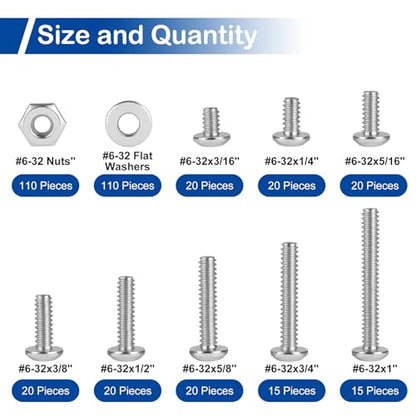 #6-32 x 3/16" to 1" Phillips Pan Head Machine Screws Kit with Nuts Washers | 370Pcs, 304 Stainless Steel 18-8, UNC Fully Threaded, 8 Lengths for Electronics & Appliance Repair, Furniture, DIY Projects - size: #6-32