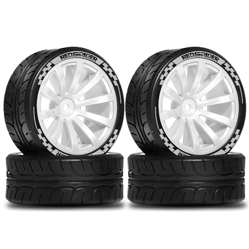 REDSPIDER 1/10 RC On-Road Wheel Tires 2.56" OD 10-Spoke Plastic Wheel hub and Rally Tires 12mm Hex Fit for 1/10 Tamiya TT01 TT02 XV02 XV01 WLtoys HSP Kyosho WR8 RedCat Sakura HPI (White) - color: White