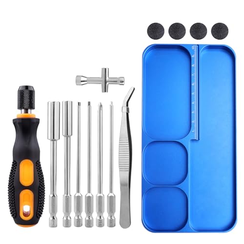 HobbyPark RC Hex Drivers Tool Set with Screw Tray, 1/4 Hex Shank Allen Wrench Bits 1.5mm 2.0mm 2.5mm, 7mm Nut Driver, Phillips Bit and Aluminum Tray with Scale