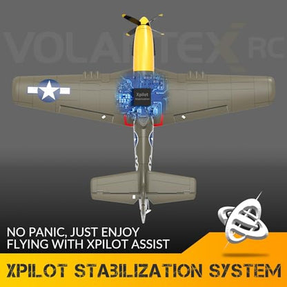 P51 Mustang RC Plane 4 Channel Brushless 500mm for Adults Outdoor | VOLANTEXR RTF RC Airplanes with X-Pilot Stabilizer, 3-Level Flight Mode to Learn, Aerobatic Flight for Fun, 2 Batteries