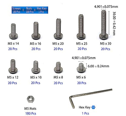 iexcell 360 Pcs M5 x 6/8/10/12/14/16/20/25/30 Stainless Steel 304 Hex Socket Button Head Cap Screws Bolts Nuts Assortment Kit - size: M5 x 6/8/10/12/14/16/20/25/30mm