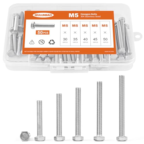 M5 x 30mm 35mm 40mm 45mm 50mm Heavy Duty Hexagon Bolts Hex Head Screws, 304 Stainless Steel, Metric Fully Thread, Machine, Bright Finish, Assortment Kit 50PCS - size: M5 x 30/35/40/45/50mm (50PCS)