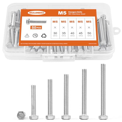 M5 x 30mm 35mm 40mm 45mm 50mm Heavy Duty Hexagon Bolts Hex Head Screws, 304 Stainless Steel, Metric Fully Thread, Machine, Bright Finish, Assortment Kit 50PCS - size: M5 x 30/35/40/45/50mm (50PCS)