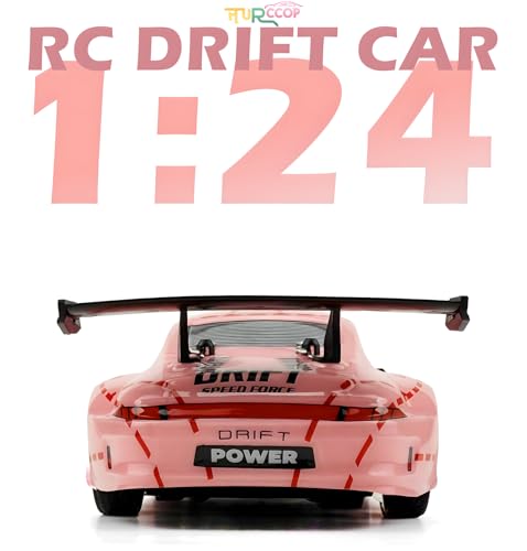 HTURCCOP RC Drift Car 2.4GHz 1:24 Scale 4WD High Speed Remote Control Cars Vehicle with LED Lights Two Batteries and Drifting Tires Racing Sport Toy Cars for Adults Boys Girls Kids Pink - color: Pink