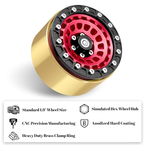 OGRC Brass Aluminum 1.9 Beadlock Wheels 167g 1/10 RC Crawler Wheels | 668g Total Weights, 12mm Hex, for Gen7 Gen8 D90 VS4-10 1/10 RC Carwler, Red - color: Red