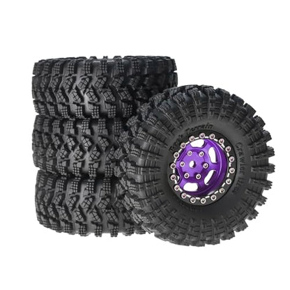 1.3” Aluminum Beadlock Wheels & All-Terrain Trail Tires Set, -8.0mm Offset, 66×26mm, 7mm Hex, Foam Inserts, Fits 1/18 1/24 TRX4M SCX24 AX24 FCX24 Ascent-18, Pre-Assembled 4 pcs (Purple) - color: Purple