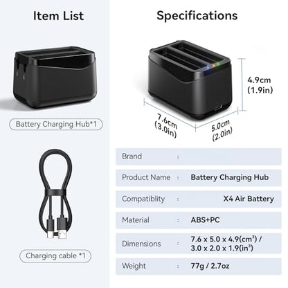 Dual Channel Battery Charger for Insta360 X4 Air, 10W Fast Charging Box LED Indicator Smart Batteries Storage Charging HUB for 360 X4 Air.