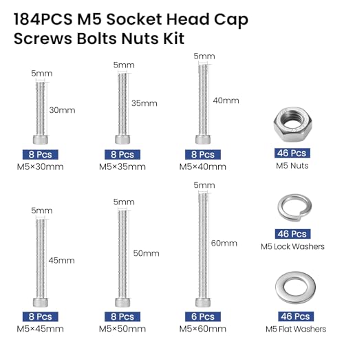 184 PCS M5 Screws Assortment Kit, 304 Stainless Steel M5 Bolts Kit, M5x 30/35/40/45/50/60mm, Hex Socket Head Cap Screws Bolts Nuts Washers Set - size: M5x 30/35/40/45/50/60mm