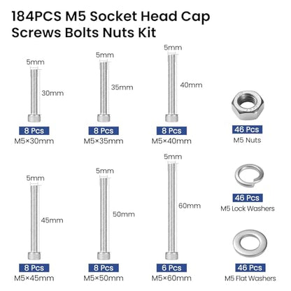 184 PCS M5 Screws Assortment Kit, 304 Stainless Steel M5 Bolts Kit, M5x 30/35/40/45/50/60mm, Hex Socket Head Cap Screws Bolts Nuts Washers Set - size: M5x 30/35/40/45/50/60mm