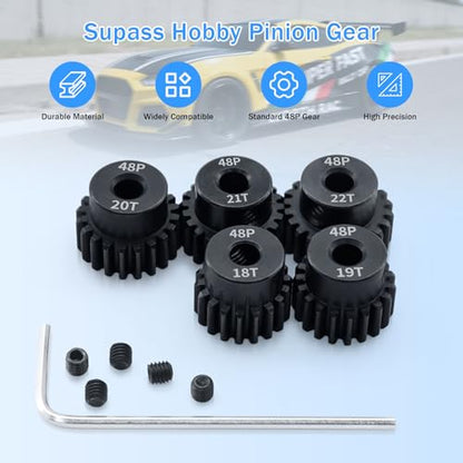 Surpass 48P Pinion Gear Set 3.175mm Shaft Hole 18T/19T/20T/21T/22T 48 Pitch Motor Gears for1/10 RC Car Upgrade Part with Screwdriver (5Pack) - size: 18T 19T 20T 21T 22T