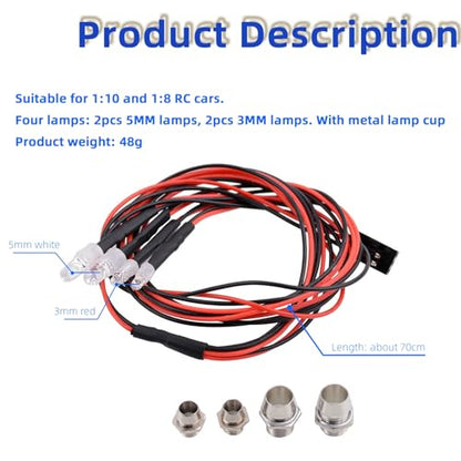 3Pack LED RC Car White Headlights & Red Taillight Kit – RC Lights Kit for 1:10 & 1:8 RC Cars, 4-Light Set with Metal Lamp Cups