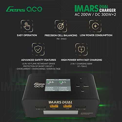 Gens Ace Imars Dual Lipo Charger 15A AC 200W DC 600W RC Charger（Black）